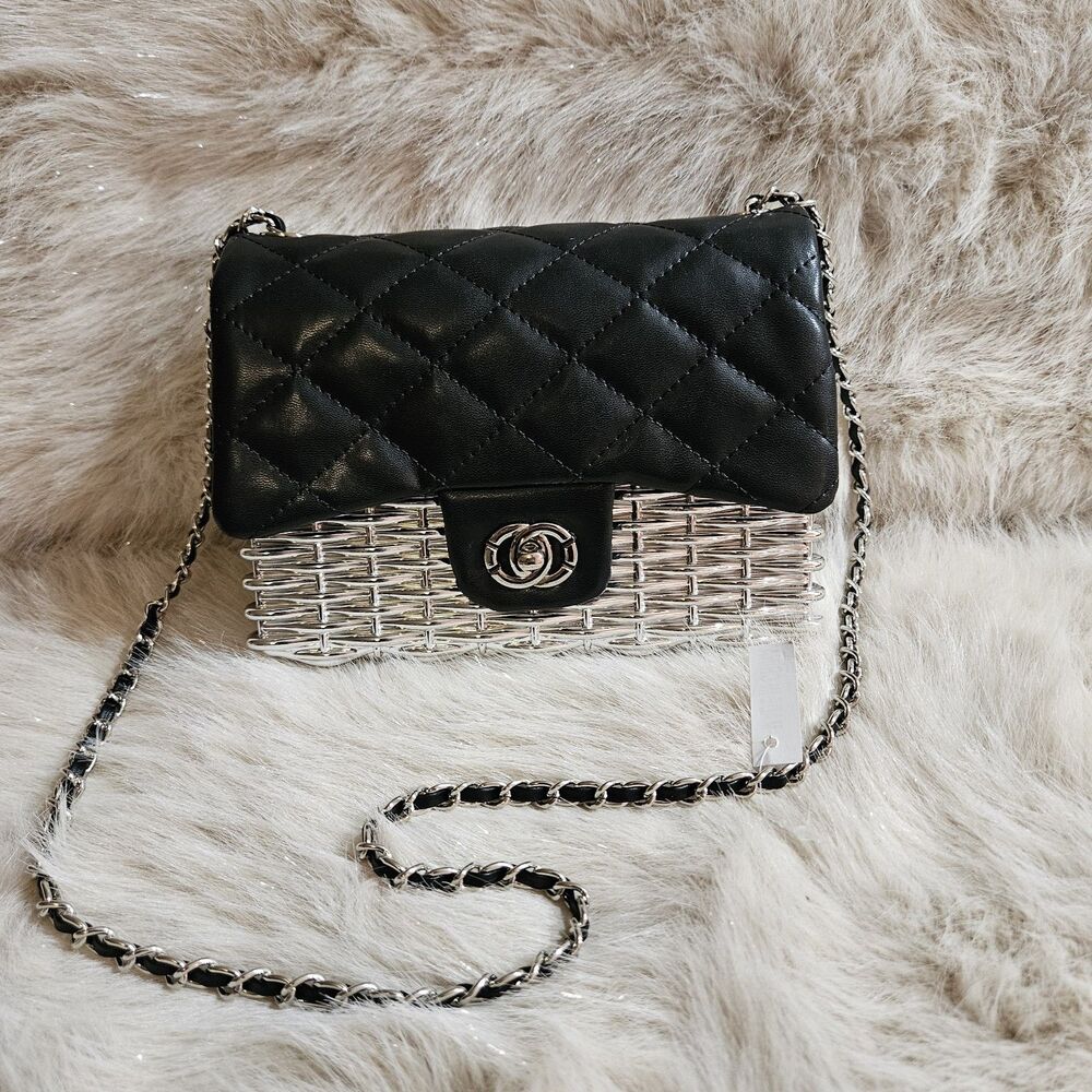 Black Quilted Leather & Silver Metal Wicker Basket Flap Clutch Chain Bag